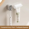 Translucent grey toothbrush holder with cover and automatic toothpaste dispenser set - Transparent Gray + Squeezer