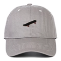 Close-up of grey cotton baseball cap featuring detailed skateboard embroidery and curved brim - Adjustable / Gray