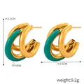 Minimalist gold plated C-shaped layered earrings with green oil drip enamel finish - Enamel Filling / Lake Green
