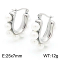 Silver-finish stainless steel U-shaped hoop earrings with five white pearl accents - Style C Steel Color (KE113819-KFC)