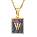 Gold stainless steel square pendant necklace featuring letter W on a blue-purple shell - Colorful Shell W