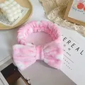 Plush pink and white polka dot bow headband made of soft coral fleece for facial cleansing - Pink White Polka Dot