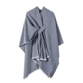Elegant grey herringbone poncho for women with fringe edge and stylish knot details - Dark Gray