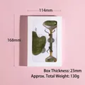 Green jade facial massage set with double-headed roller and gua sha tool in white gift box - Heart Scraper + Double Roller + Box