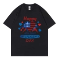 Black round neck T-shirt with Happy 4th July Independence Day print in soft cotton - XS / Black 4th July Heart Style