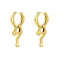 Close-up of golden liquid metal hoop earrings with an irregular melt texture design - VE1096 Style / Gold