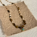 Detailed shot of tiger eye beads and turquoise teardrop pendant on a beaded necklace - Bohemian Turquoise Pendant (12#)