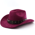 Detail of burgundy suede cowboy hat featuring leather band with bull head metal studs - M (56-58cm) / Burgundy