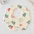 Petal-shaped 100% cotton baby bib with cute rabbit and bear print in soft cream color - Gauze Flower Wrap - Strawberry Bunny Bear