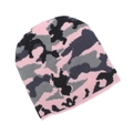 Close-up of pink and grey camouflage jacquard knit beanie with soft winter texture - One Size / Pink Black Grey Camo (E)