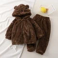 Pigiama in pile marrone per bambini con cappuccio a orecchie di orso e pantaloni caldi - 80cm / Set con Cappuccio Orso Bruno