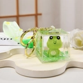 Cute green frog liquid quicksand keychain in clear acrylic cube with wrist strap - Floral Strap + Square Bottle Frog / Cute Frog - Standing