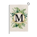Garden flag with eucalyptus leaves and golden glitter letter M on beige fabric - Letter M