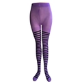Collants à rayures violettes et noires pour Halloween, présentés sur un mannequin - Collants adultes à rayures fines violet et noir