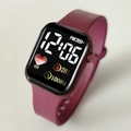 Square LED digital watch with a burgundy silicone strap showing heart rate and steps - Burgundy