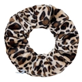 Close-up of leopard print velvet scrunchie with soft plush texture and zipper detail - Small Leopard Print