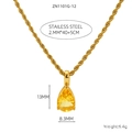 Detail of 18K gold plated stainless steel necklace with citrine pear pendant and sizing info - Yellow Zirconia Style (ZN1101G-12)