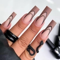 French matte extra long square press-on nails with nude brown gradient and line art - Nude Brown Gradient Double Arc Style (JP1439)