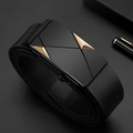 Men's black leather belt featuring a sleek automatic buckle with gold triangle accents - Alloy/PU / 110cm / Gold