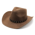 Detail of brown straw cowboy hat featuring black leather band and silver metal rivets - M (56-58cm) / Coffee