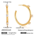Macro view of 18K gold-plated stainless steel C-shape earrings with zircon inlay - Gold and Silver Two-Pair Set (JDE0311123)