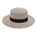Detailed texture of fine weave straw sun hat with elegant black ribbon band detail - M (56-58cm) / Light Gray