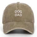 Front detail of vintage washed cotton baseball cap with white DOG DAD embroidery - One Size / Khaki