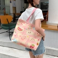 Pink canvas tote bag featuring cute cartoon graphics and sweet printed letters - Rainbow Rabbit