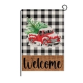 Christmas garden flag with red truck and green tree on black and white plaid linen fabric - 30*45cm / B&W Plaid Red Truck (HYQ030-14)