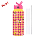 Borraccia termica rosa a scacchi con cannucce e motivo grafico con smile - Giallo Limone 26B