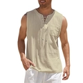 Close-up of men's cotton linen tank top featuring lace-up V-neck and chest pocket detail - S / Khaki