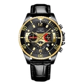 Men's quartz chronograph watch with black leather strap and golden gear bezel details - Strap Style / Black Gold with Black Leather Strap