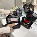 Portable black mesh makeup bag set with zipper for large capacity cosmetic storage - Simple Mesh Toiletry Bag / Black