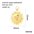 Dimensioni dettagliate di ciondolo sole in rame placcato oro 23mm con foro 3mm - Ciondolo Viso di Sole (P00780)