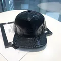 Black laser PU leather flat brim baseball cap with realistic snakeskin texture finish - Black - Plain Style