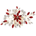 Handmade bridal hair comb with gold wires, red rhinestones, and white pearls - Red