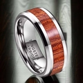 Macro shot of 8mm tungsten carbide ring with polished silver edges and wood inlay - US 6 / Steel Color Wood Grain (5-A-1)