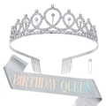 Silver birthday queen sash and rhinestone crown set with safety pin for women party - BIRTHDAY QUEEN Silver Holographic Set