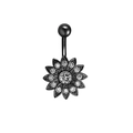 Close-up of a black sunflower belly button ring featuring sparkling white zircons - Style 18 (Sunflower)