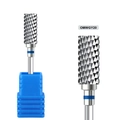 Detailed macro view of professional nail drill bit with cross-cut teeth and blue ring - Blue Ring Coarse Tapered Bit (OMWGY20)