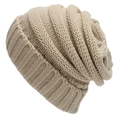 Detail of beige chunky knit beanie showing the warm ribbed texture and thick weave - One Size / Beige