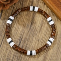 Handmade beaded bracelet with brown wooden cylinders and black and white disc beads - ZJ15135-Brown Black White Mixed Wood Clay Bead Bracelet