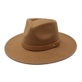 Cappello fedora in lana cammello a tesa larga con fascia in pelle e rivetto dorato - M(56-58cm) / Caffè Chiaro