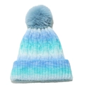 Detail of cable knit pattern and faux fur pompom on blue gradient winter beanie - M (56-58cm) / Blue Cyan White Gradient (E)