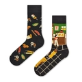 Detail of cotton crew socks featuring mismatched black and green snack stall jacquard pattern - One Size / Food Convenience Store
