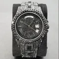 Iced out black diamond business watch with dual calendar display and Roman numerals - Black