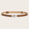 Detail view of the brown saffiano leather waist belt with silver twist lock buckle - (Silver Buckle) Cross Pattern Lock Adjustable Belt (Brown)