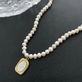 Baroque pearl necklace featuring a square gold pendant with floral embossed design - 02-B7 Rose Flower Natural Pearl Necklace