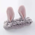 Plush bunny ear headband in gray and pink soft coral fleece for skincare and makeup - Gray
