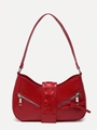 Red glossy leather baguette bag with silver zippers and ballet style bow detail - Dark Red
